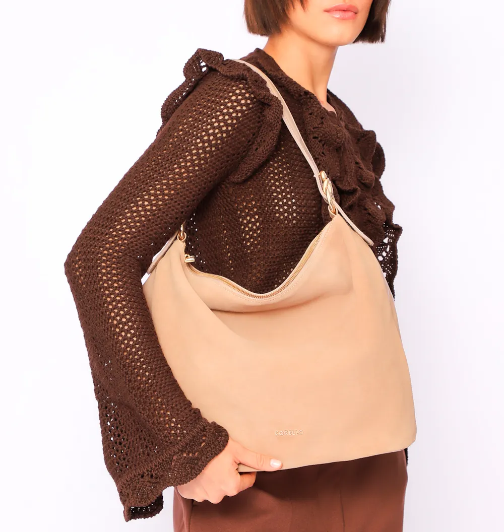 Bolsa Hobo Couro Camurça/Couro Bege - imagem 2