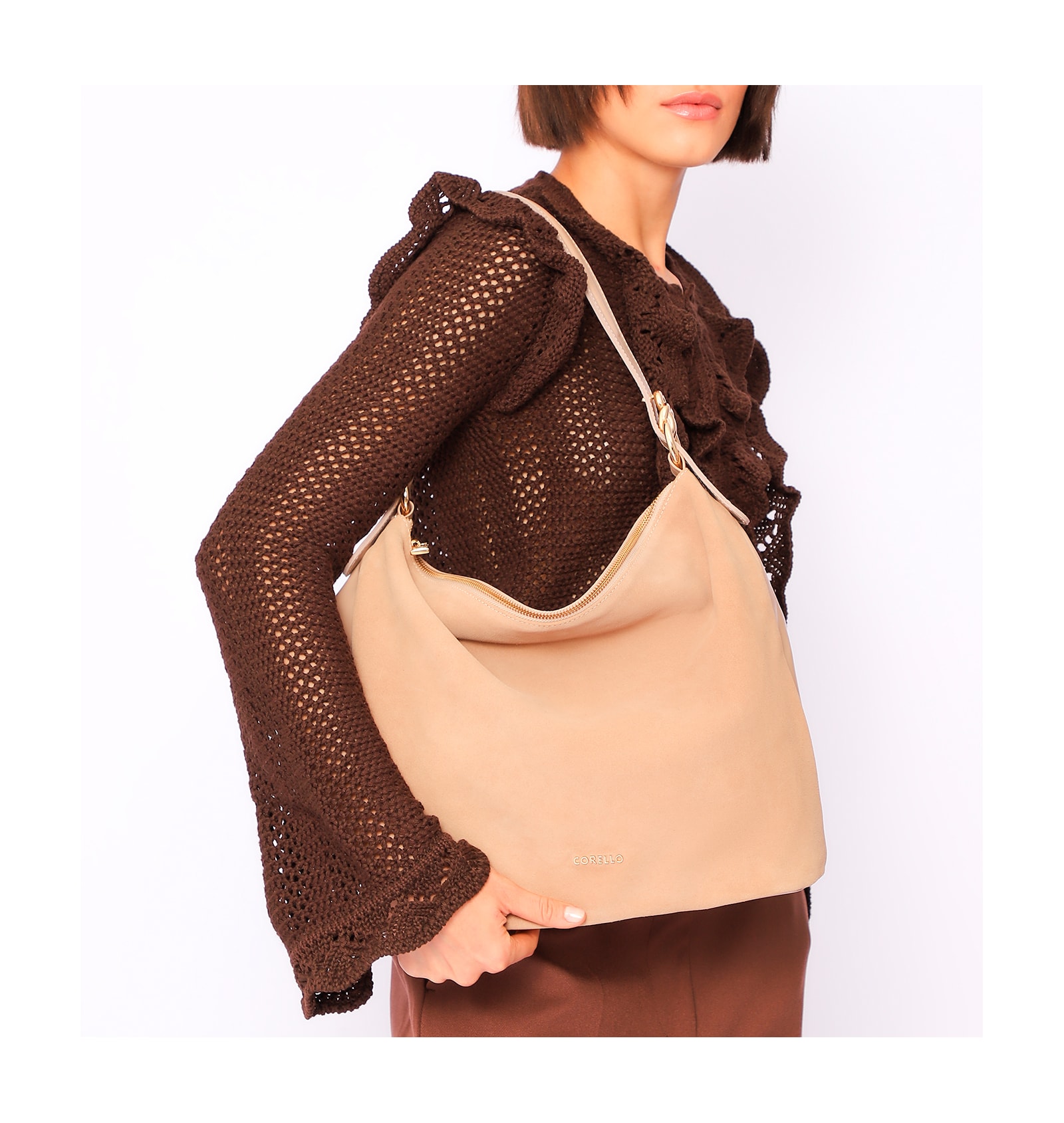 Bolsa Hobo Couro Camurça/Couro Bege