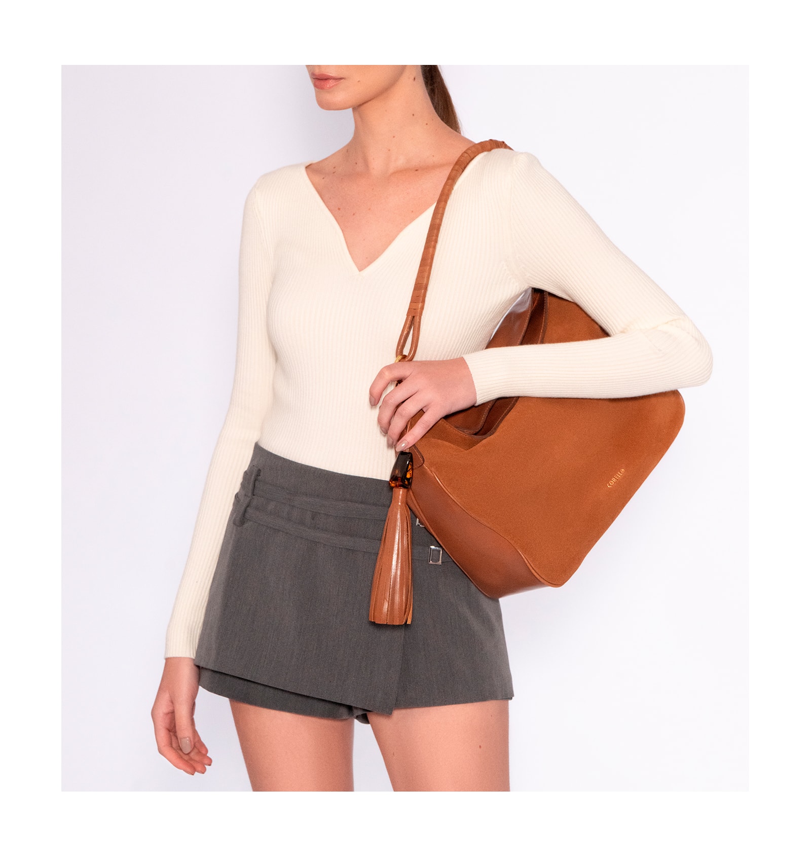 Bolsa Hobo Couro Camurça/Couro Marrom