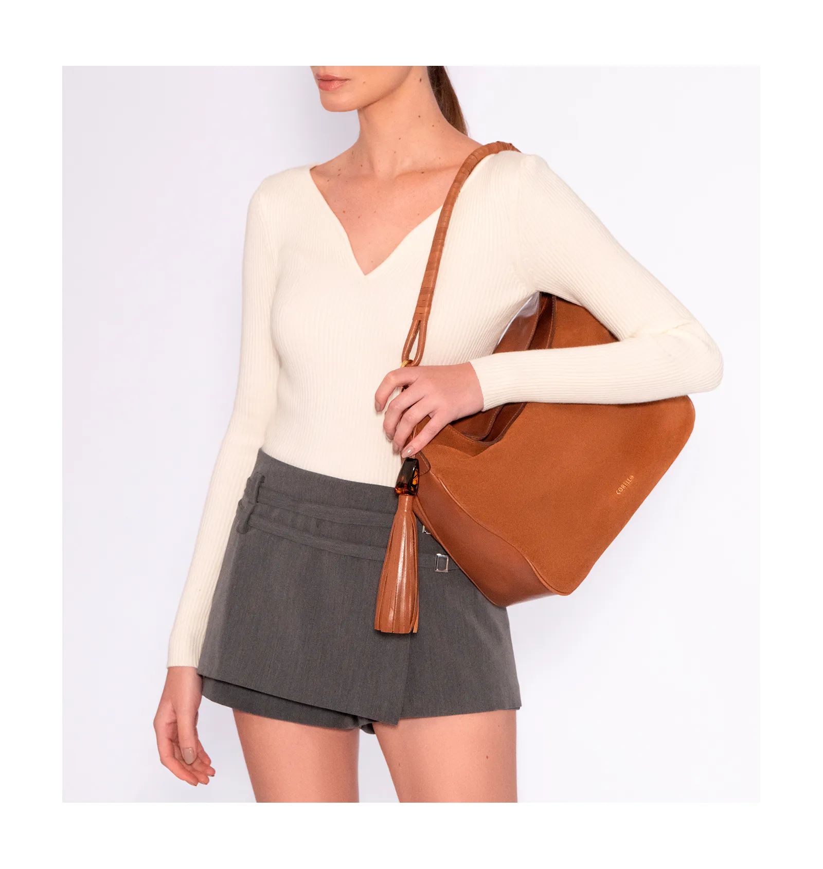 Bolsa Hobo Couro Camurça/Couro Marrom
