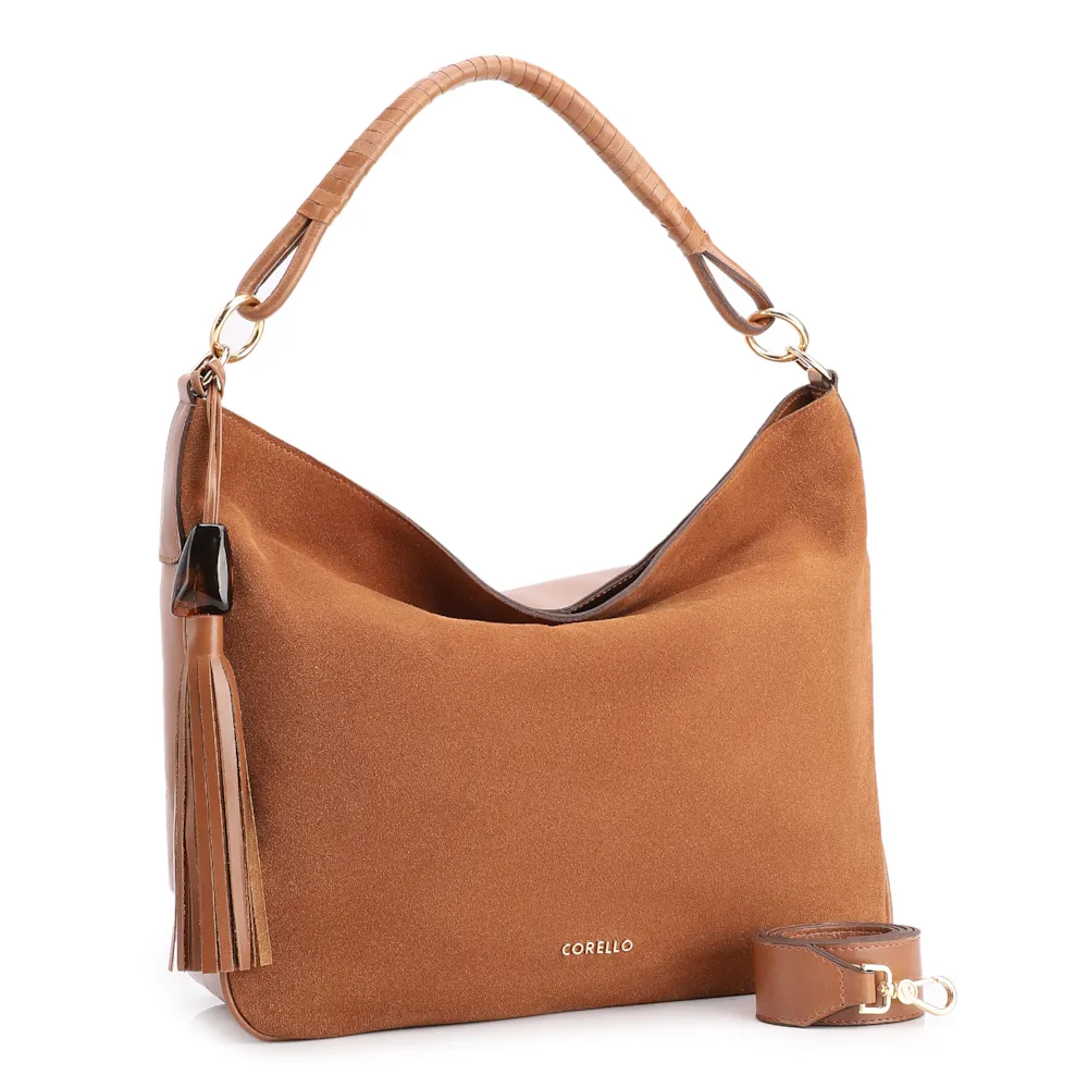 Bolsa Hobo Couro Camurça/Couro Marrom - imagem 3