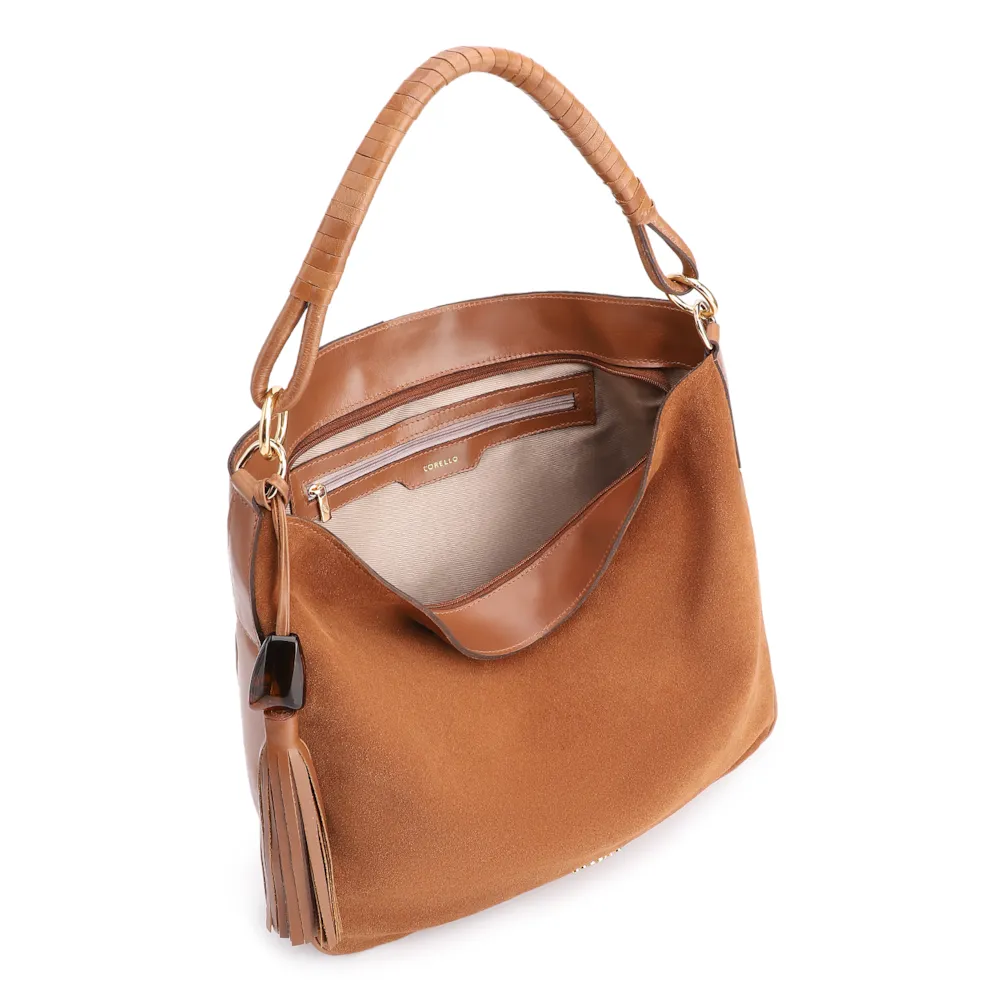 Bolsa Hobo Couro Camurça/Couro Marrom - imagem 5