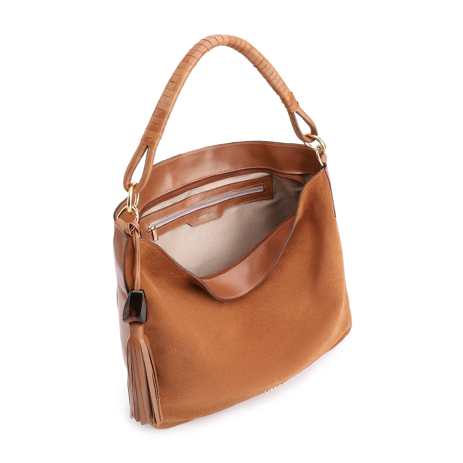 Bolsa Hobo Couro Camurça/Couro Marrom