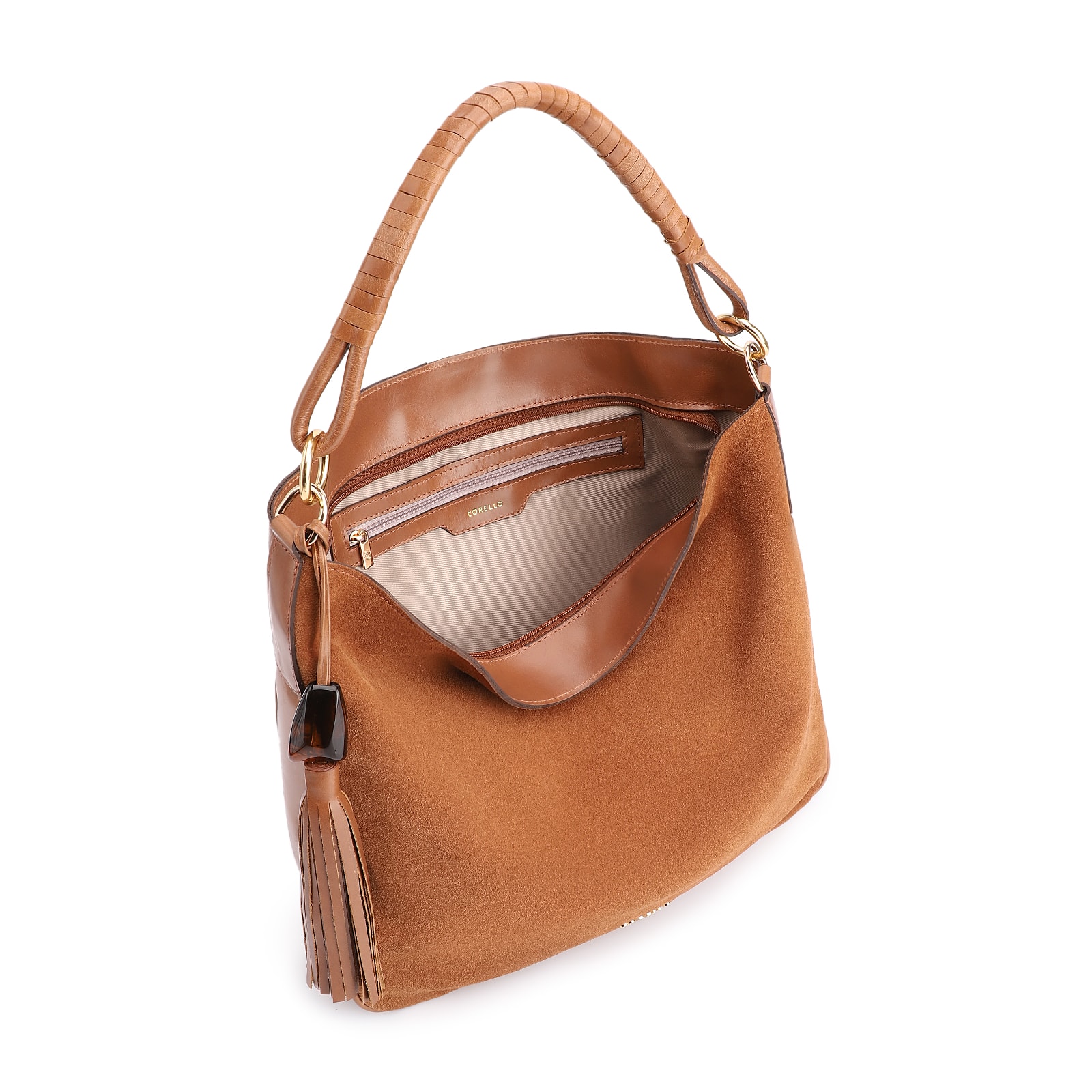 Bolsa Hobo Couro Camurça/Couro Marrom