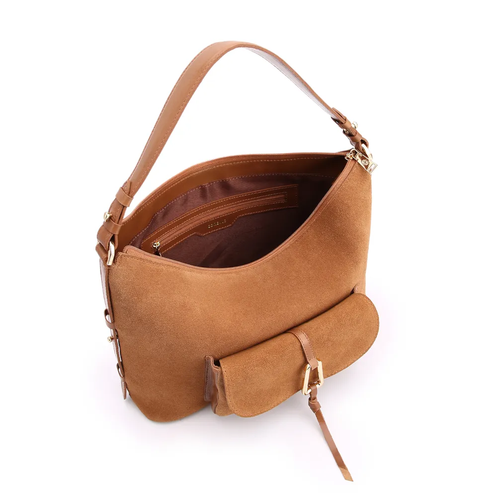 Bolsa Hobo Couro Camurça/Couro Marrom Claro - imagem 4