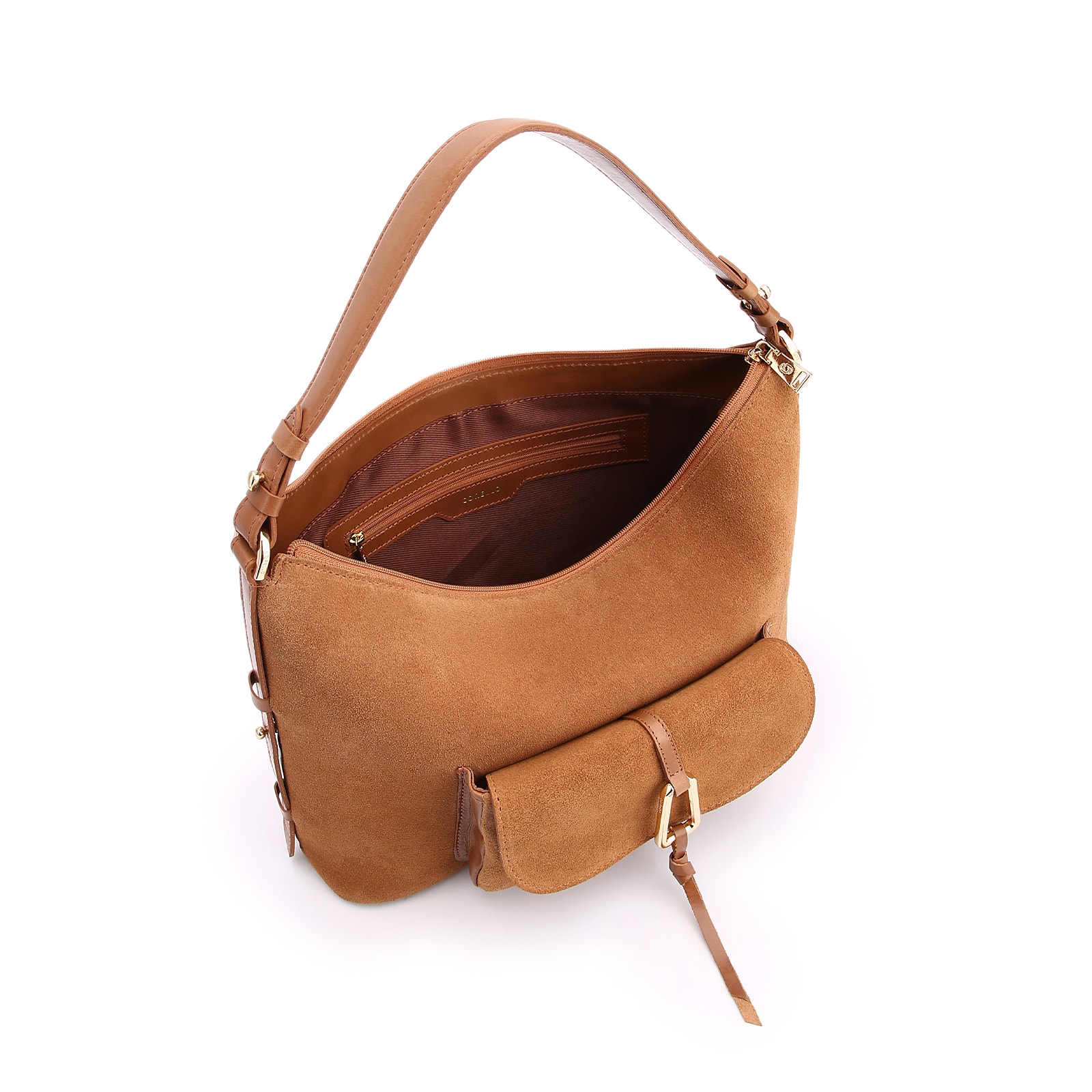 Bolsa Hobo Couro Camurça/Couro Marrom Claro