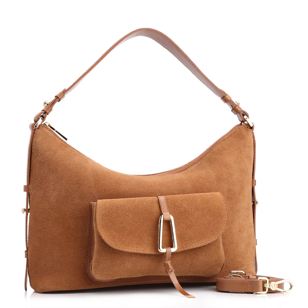 Bolsa Hobo Couro Camurça/Couro Marrom Claro - imagem 2