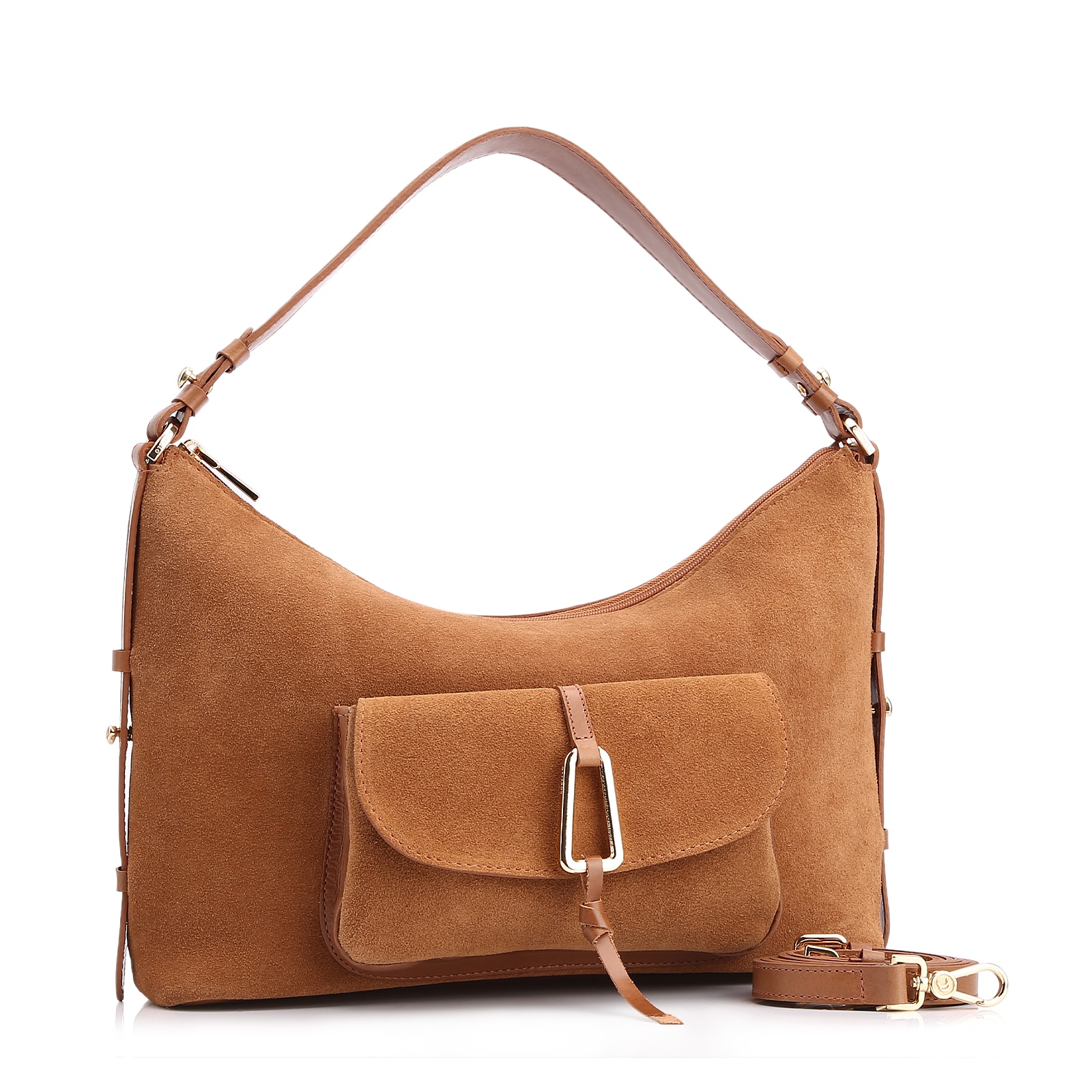 Bolsa Hobo Couro Camurça/Couro Marrom Claro