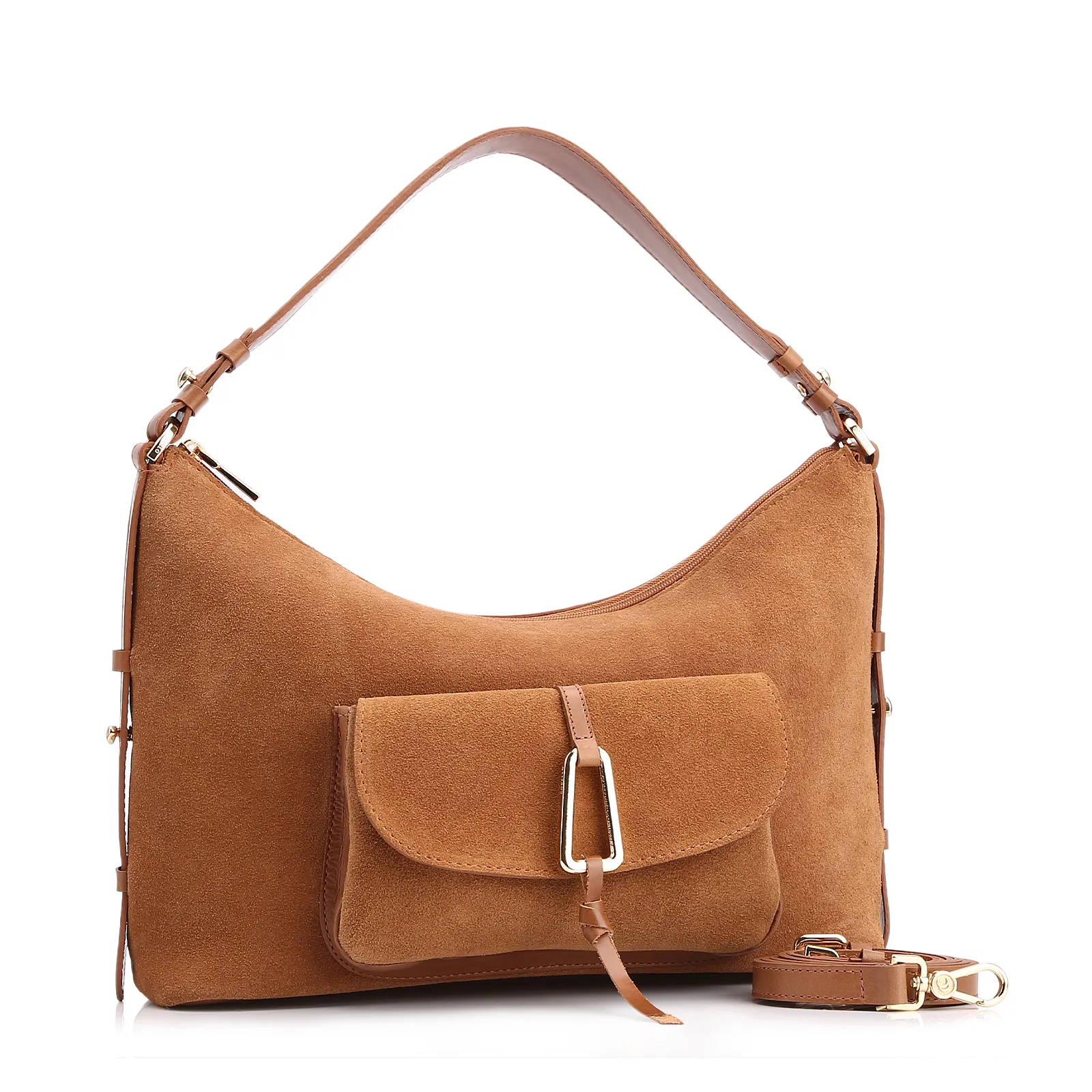 Bolsa Hobo Couro Camurça/Couro Marrom Claro