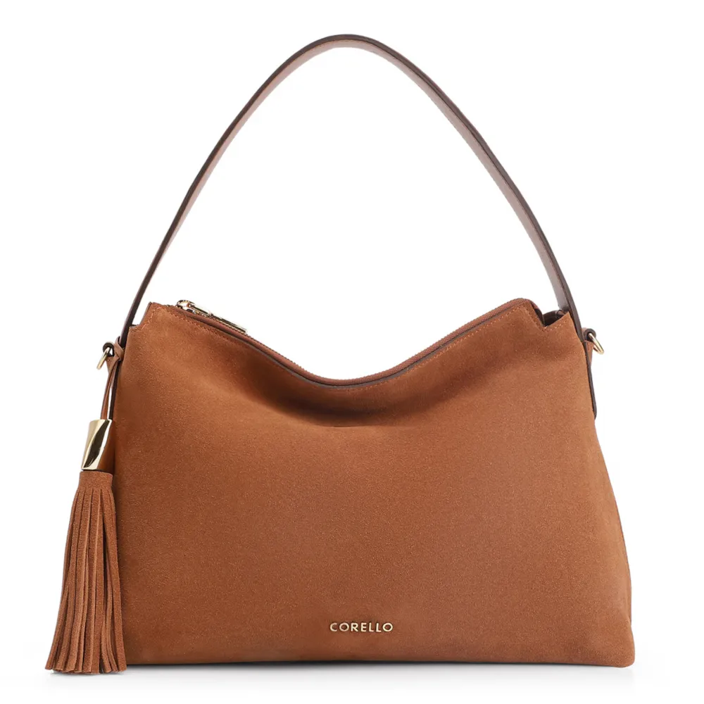 Bolsa Hobo Couro Camurça/Couro Marrom Claro
