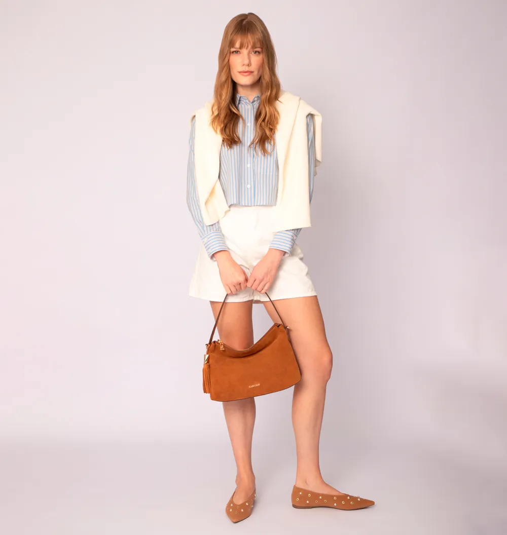 Bolsa Hobo Couro Camurça/Couro Marrom Claro - imagem 10