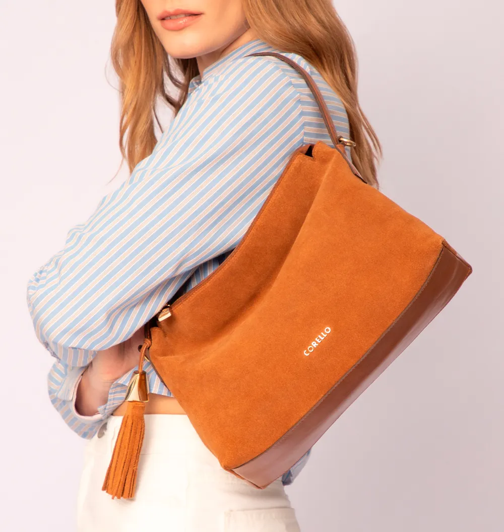 Bolsa Hobo Couro Camurça/Couro Marrom Claro - imagem 2