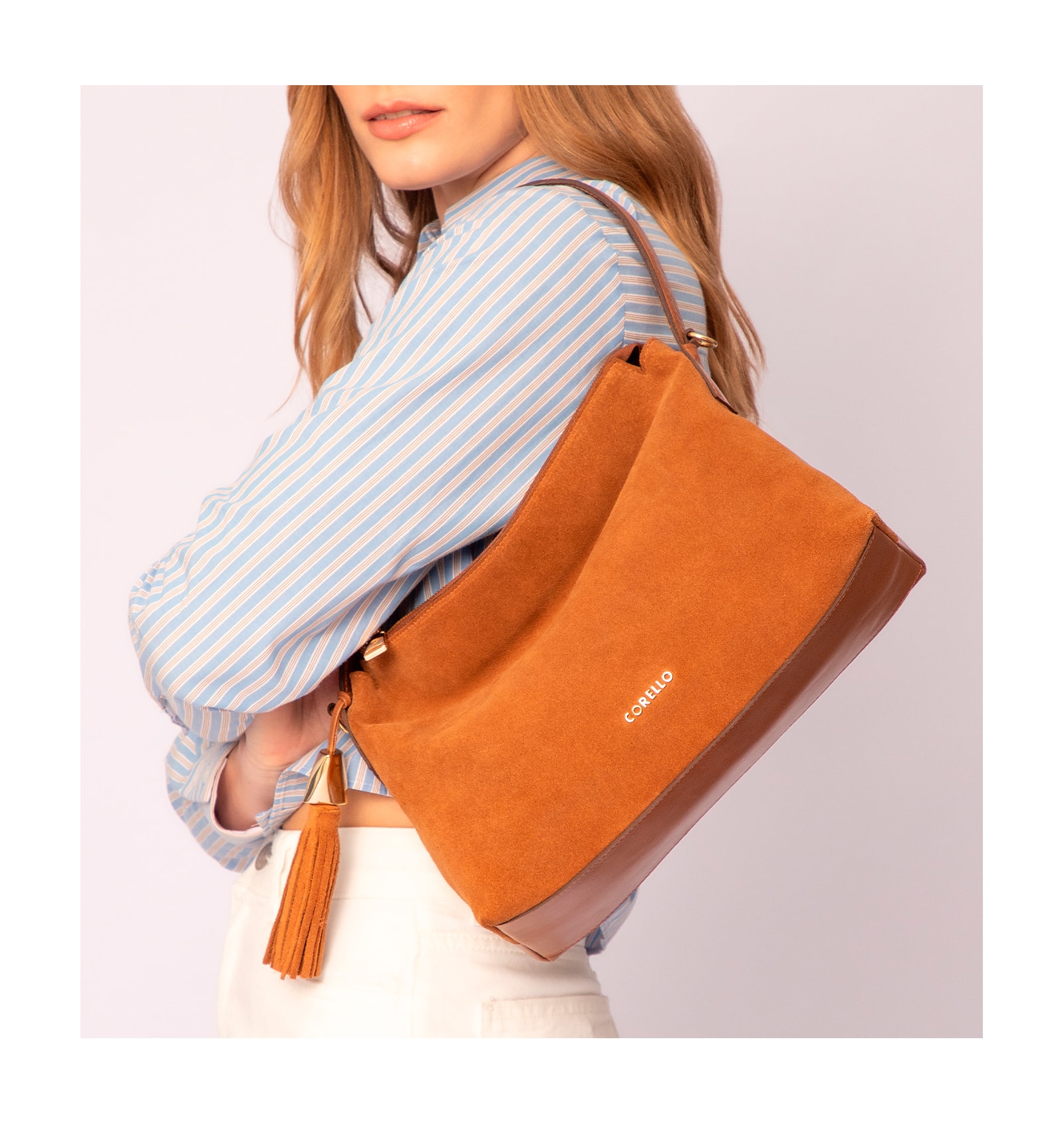 Bolsa Hobo Couro Camurça/Couro Marrom Claro