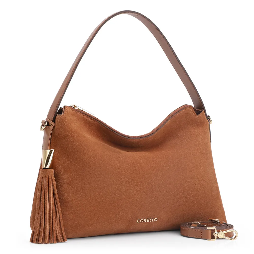 Bolsa Hobo Couro Camurça/Couro Marrom Claro - imagem 3