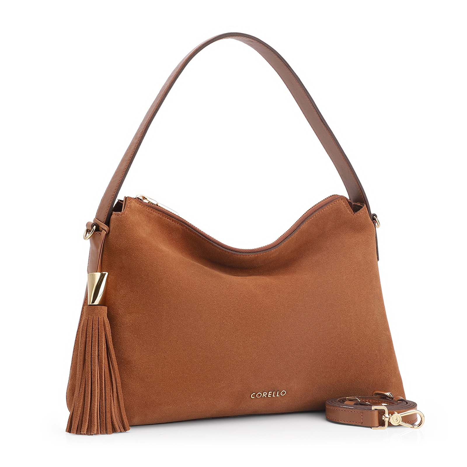 Bolsa Hobo Couro Camurça/Couro Marrom Claro