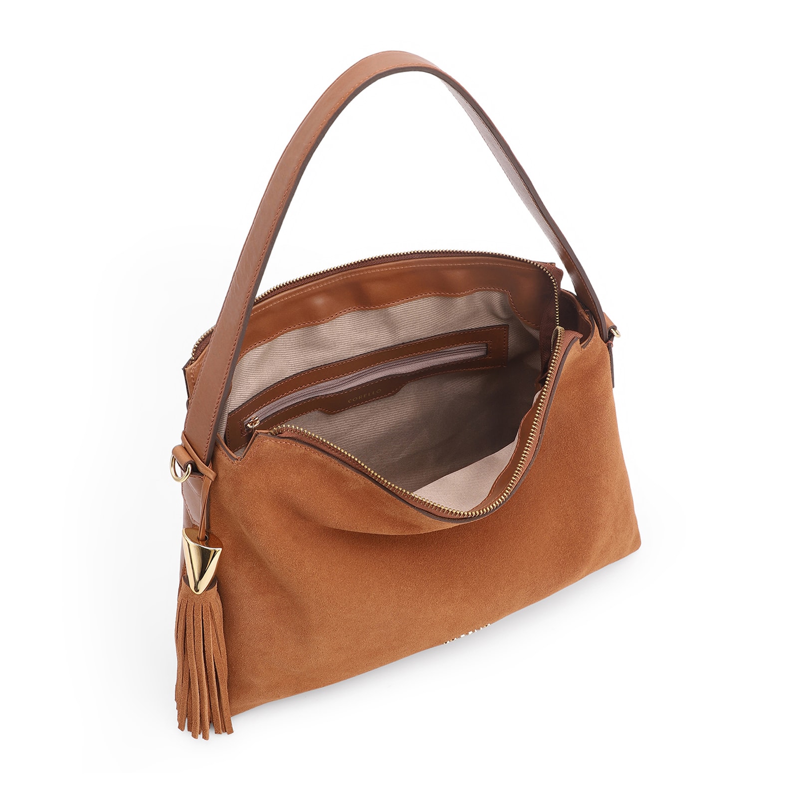 Bolsa Hobo Couro Camurça/Couro Marrom Claro