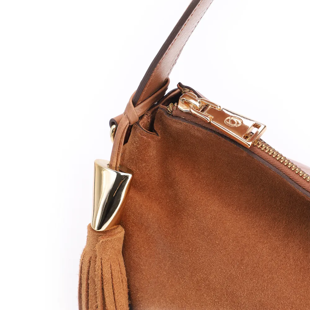 Bolsa Hobo Couro Camurça/Couro Marrom Claro - imagem 6