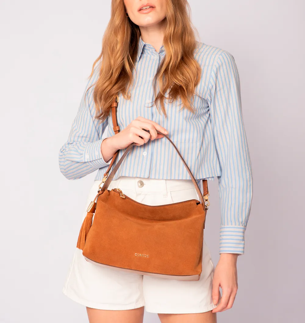Bolsa Hobo Couro Camurça/Couro Marrom Claro - imagem 9