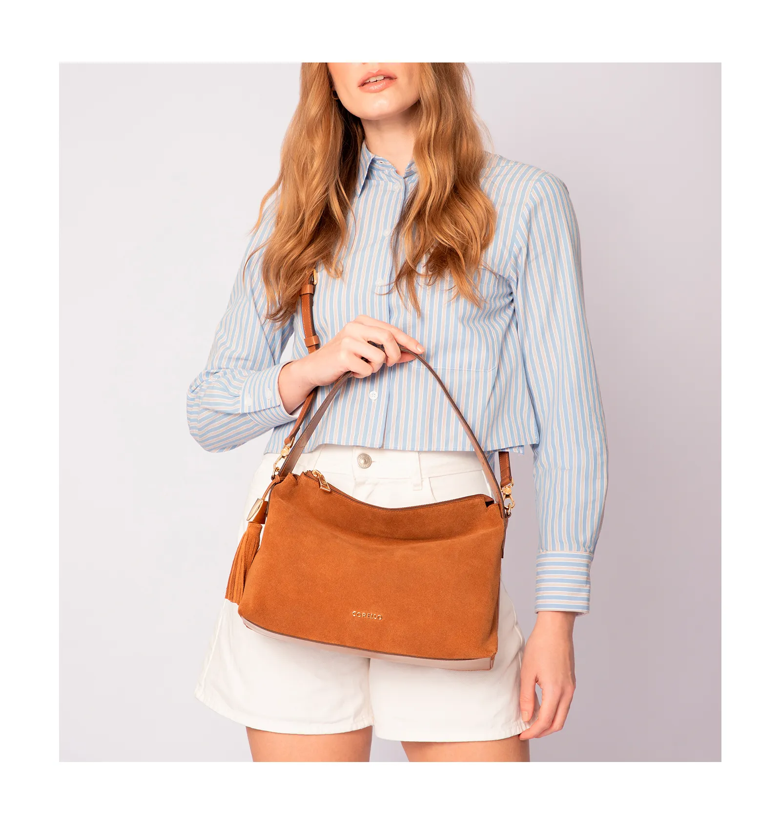 Bolsa Hobo Couro Camurça/Couro Marrom Claro