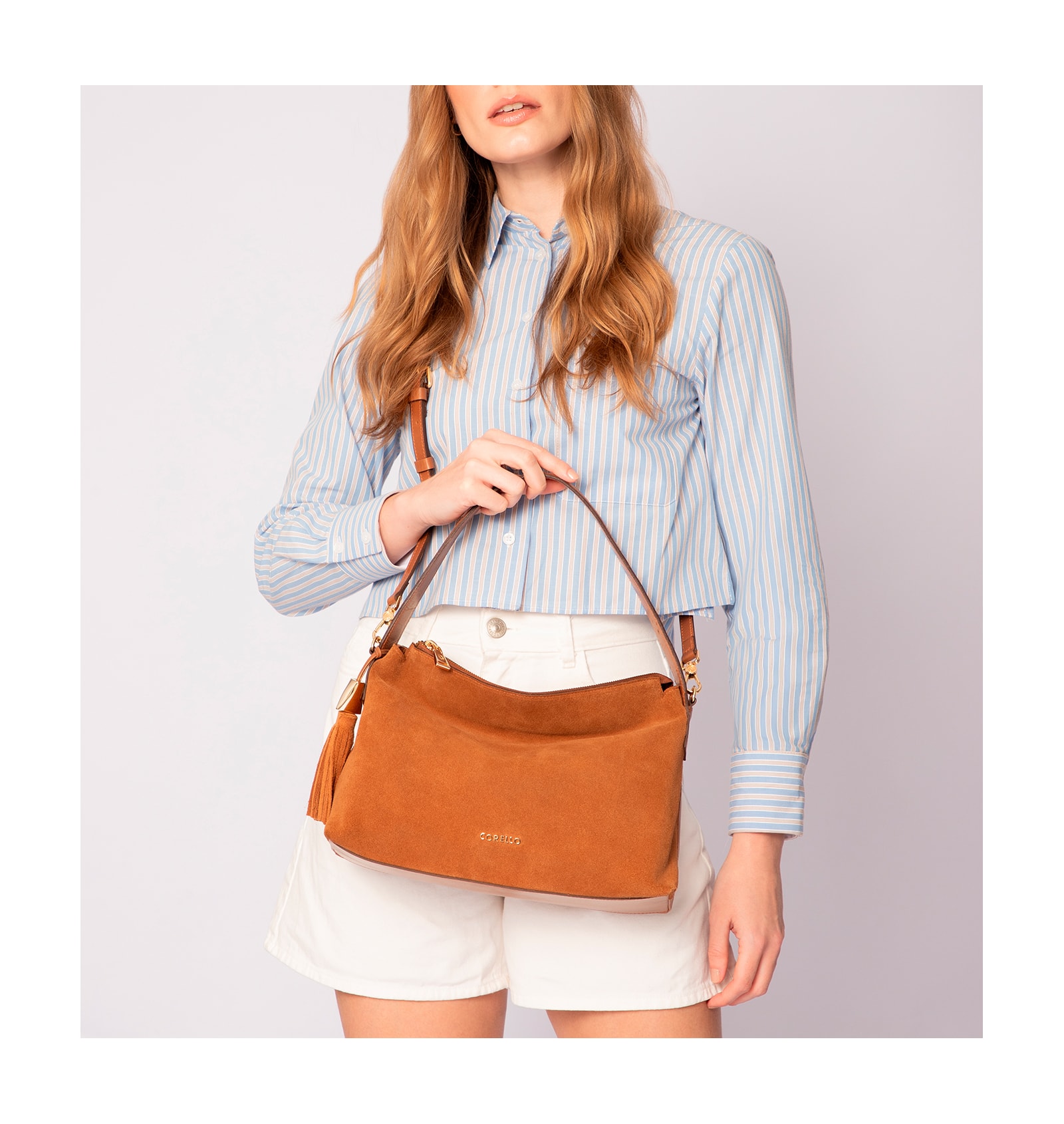 Bolsa Hobo Couro Camurça/Couro Marrom Claro