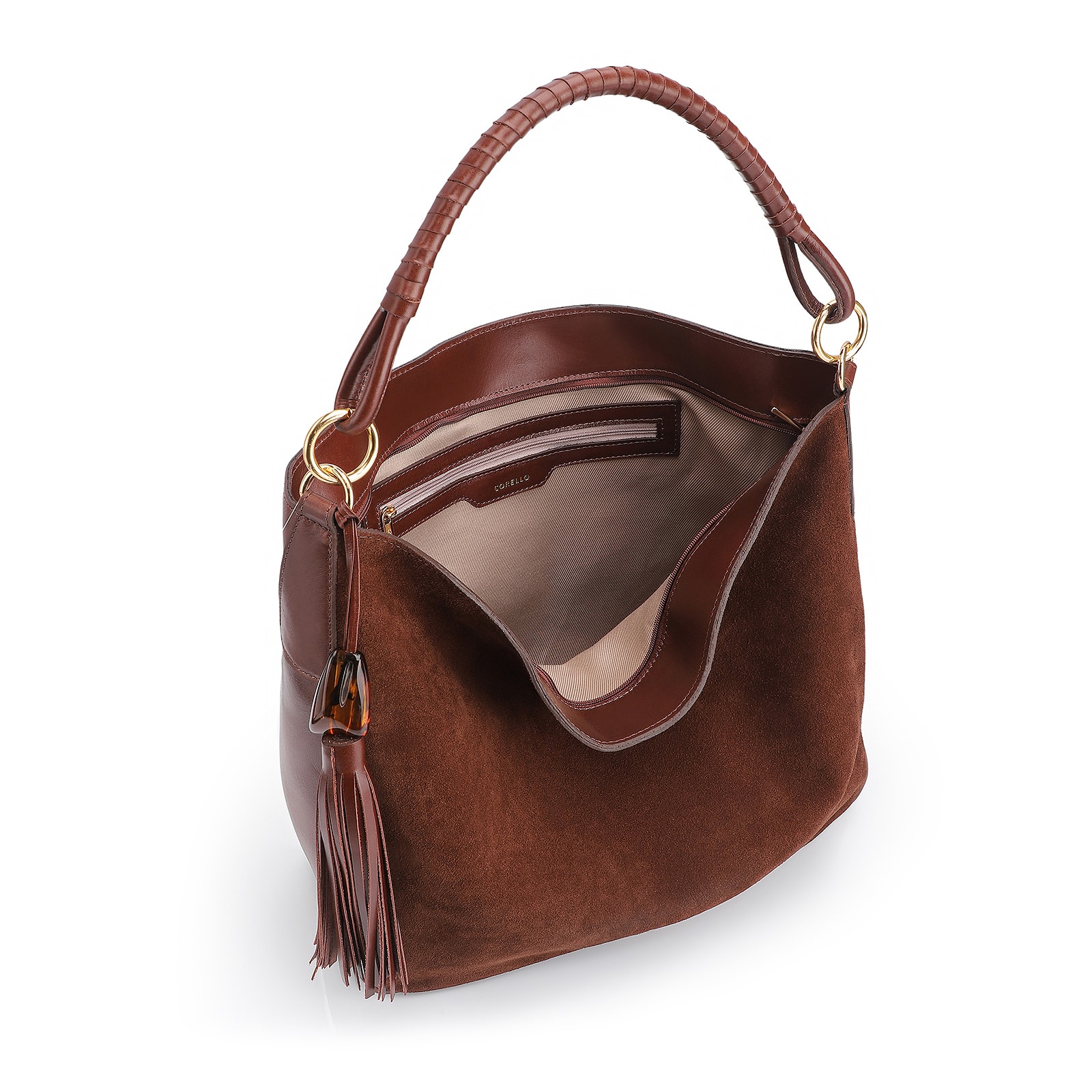 Bolsa Hobo Couro Camurça/Couro Marrom Escuro