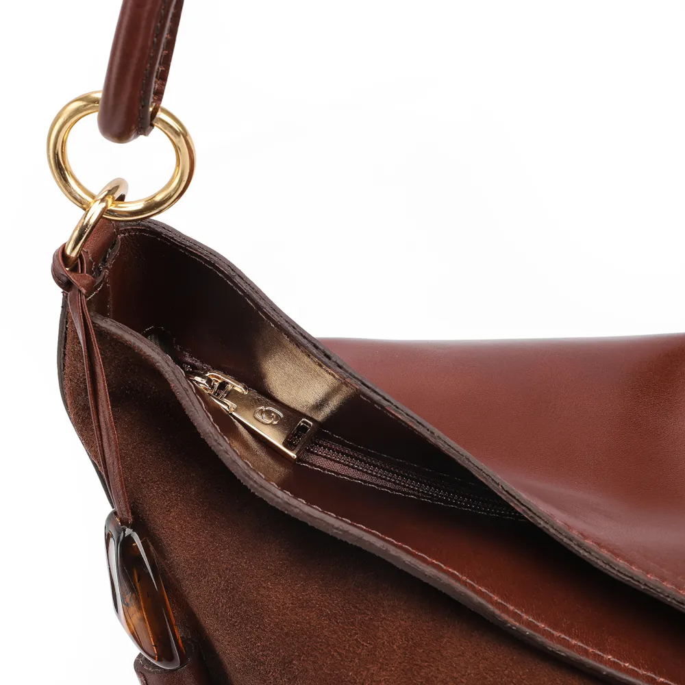 Bolsa Hobo Couro Camurça/Couro Marrom Escuro - imagem 5