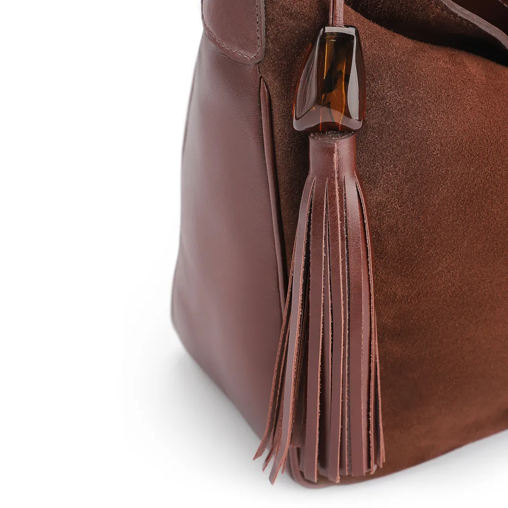 Bolsa Hobo Couro Camurça/Couro Marrom Escuro - imagem 7