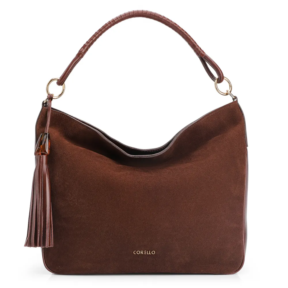 Bolsa Hobo Couro Camurça/Couro Marrom Escuro