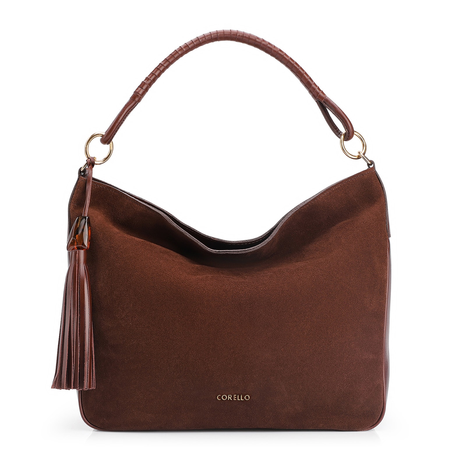 Bolsa Hobo Couro Camurça/Couro Marrom Escuro