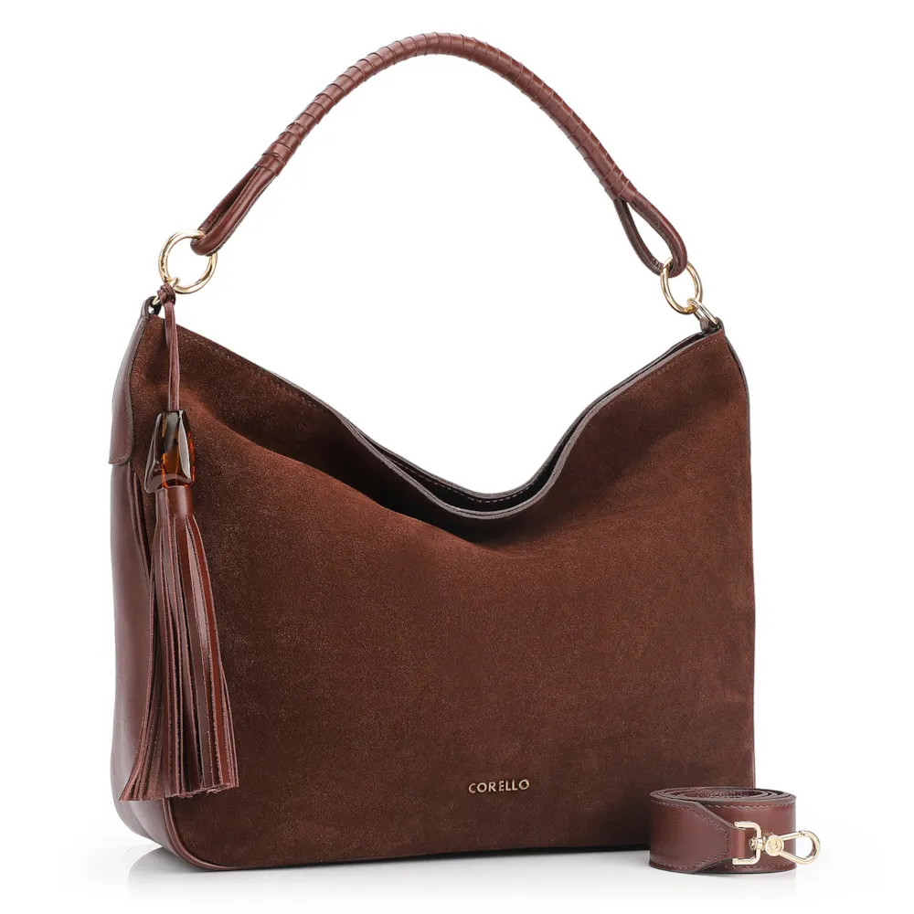 Bolsa Hobo Couro Camurça/Couro Marrom Escuro - imagem 2