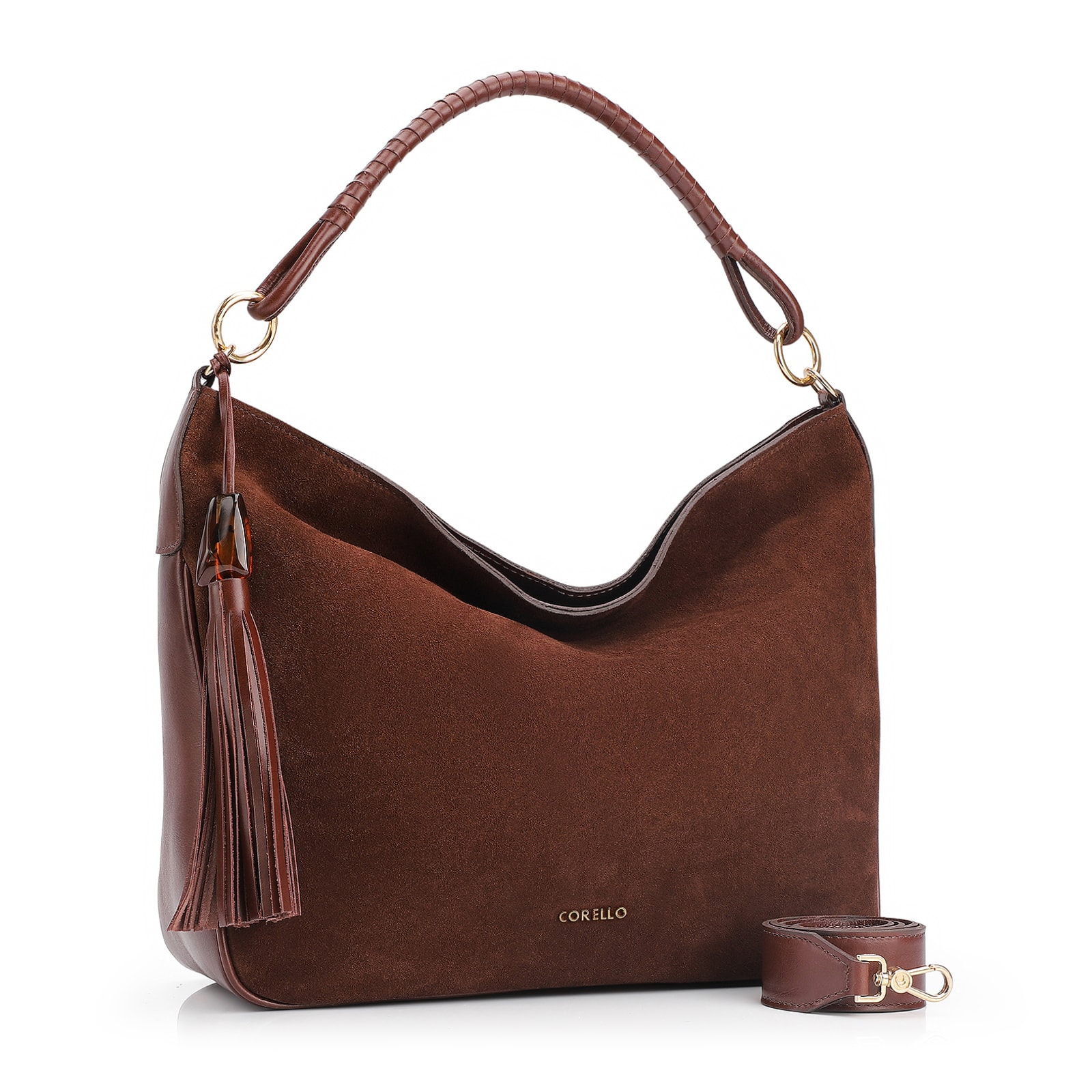 Bolsa Hobo Couro Camurça/Couro Marrom Escuro