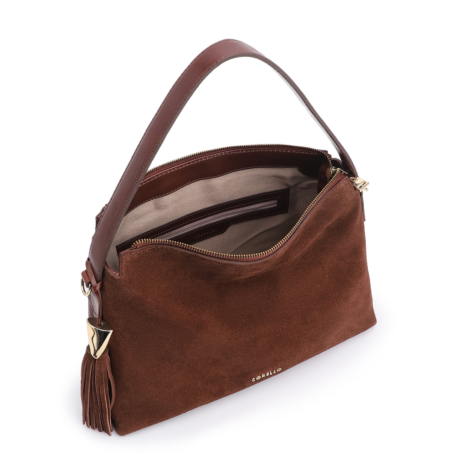 Bolsa Hobo Couro Camurça/Couro Marrom Escuro