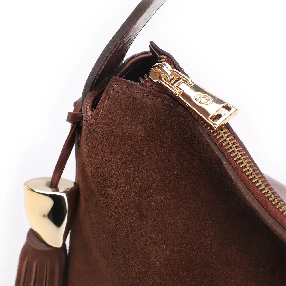 Bolsa Hobo Couro Camurça/Couro Marrom Escuro - imagem 5