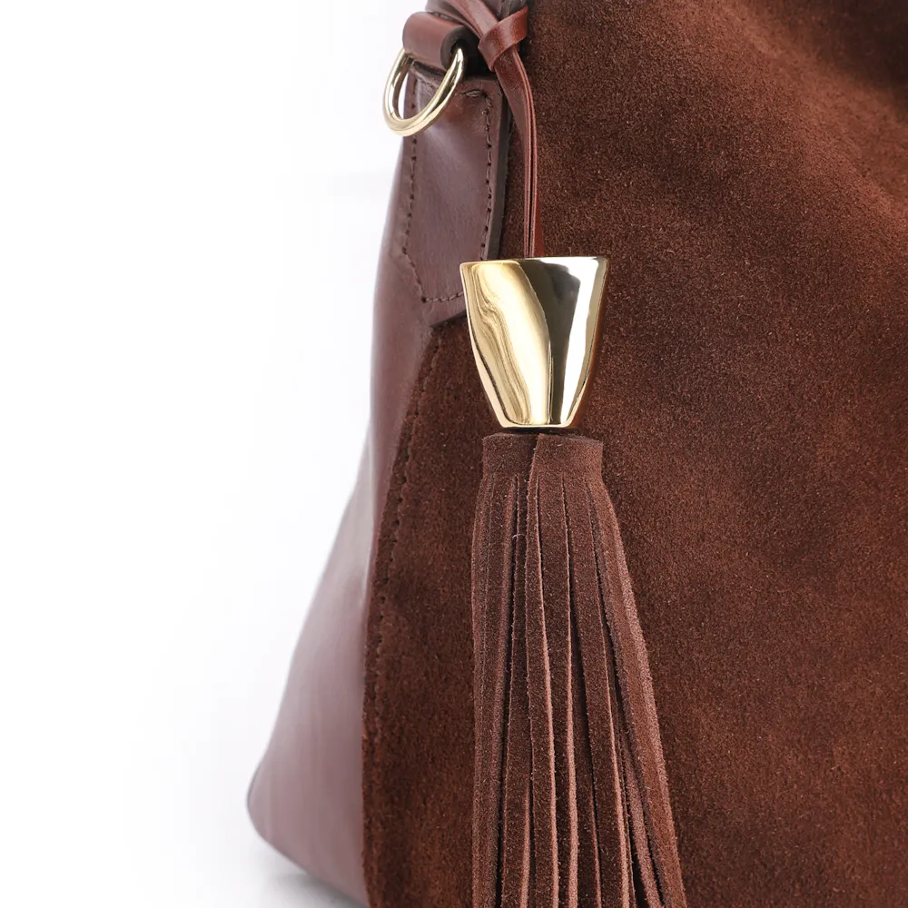 Bolsa Hobo Couro Camurça/Couro Marrom Escuro - imagem 7