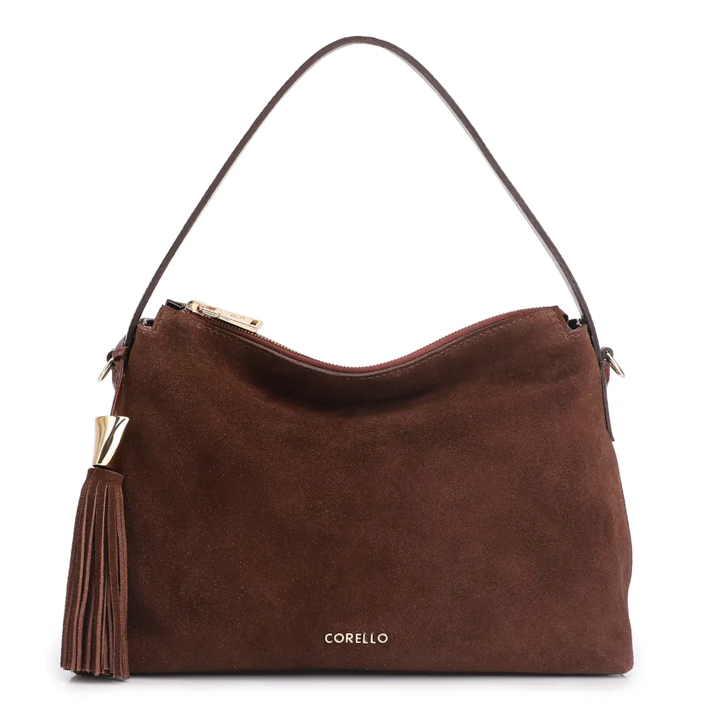 Bolsa Hobo Couro Camurça/Couro Marrom Escuro