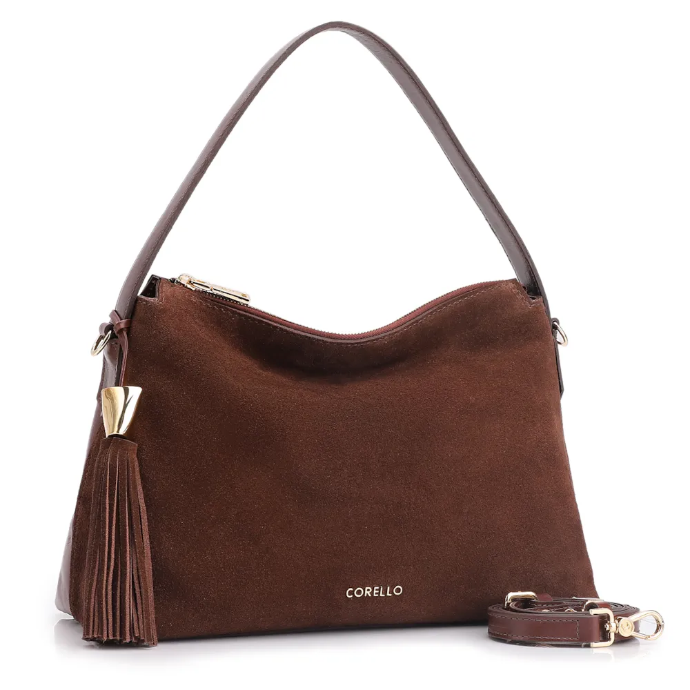 Bolsa Hobo Couro Camurça/Couro Marrom Escuro - imagem 2