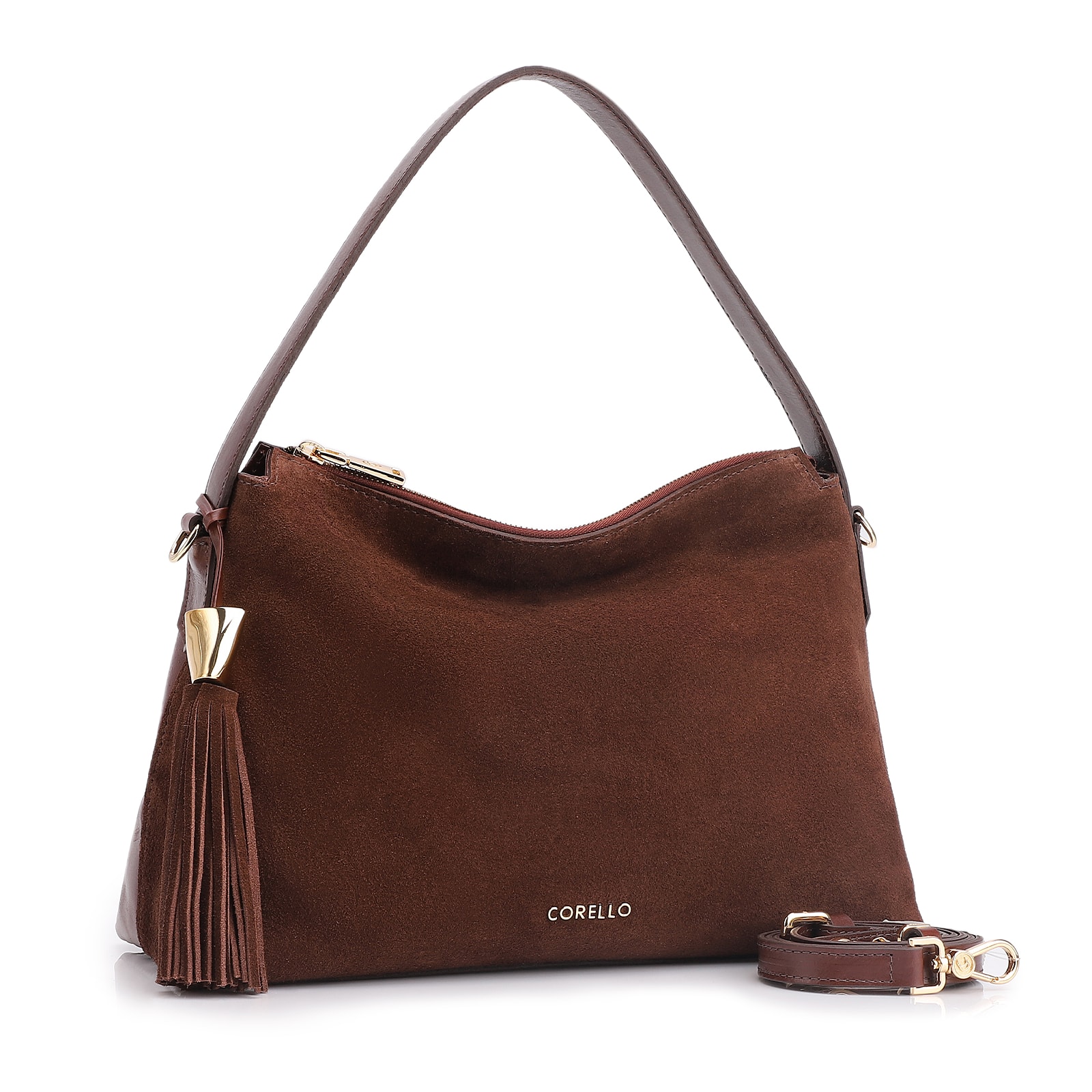 Bolsa Hobo Couro Camurça/Couro Marrom Escuro