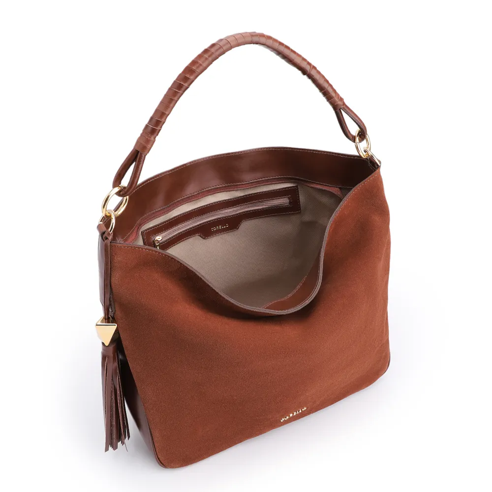 Bolsa Hobo Couro Camurça/Couro Marrom Escuro - imagem 4