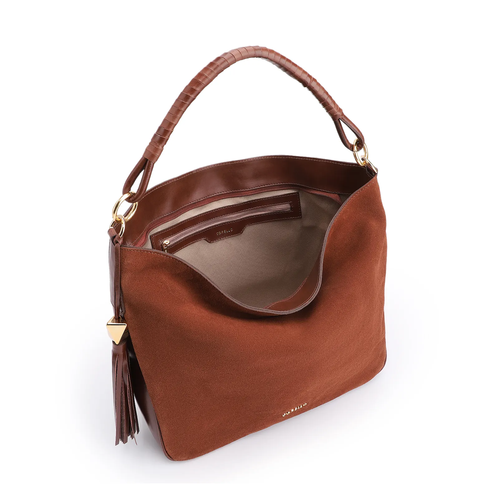 Bolsa Hobo Couro Camurça/Couro Marrom Escuro