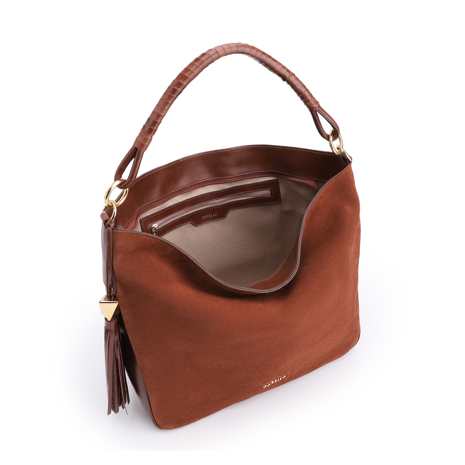 Bolsa Hobo Couro Camurça/Couro Marrom Escuro