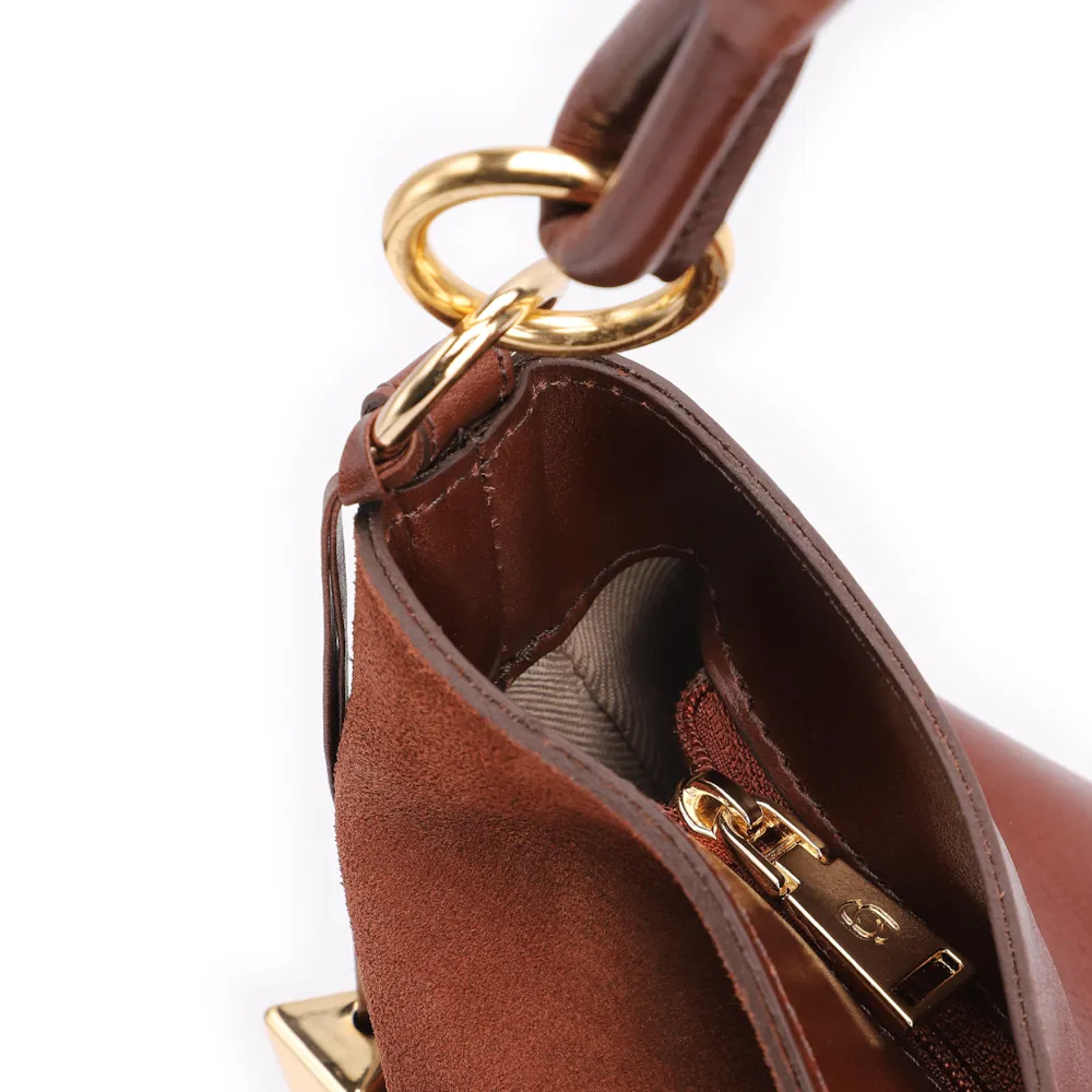Bolsa Hobo Couro Camurça/Couro Marrom Escuro - imagem 5
