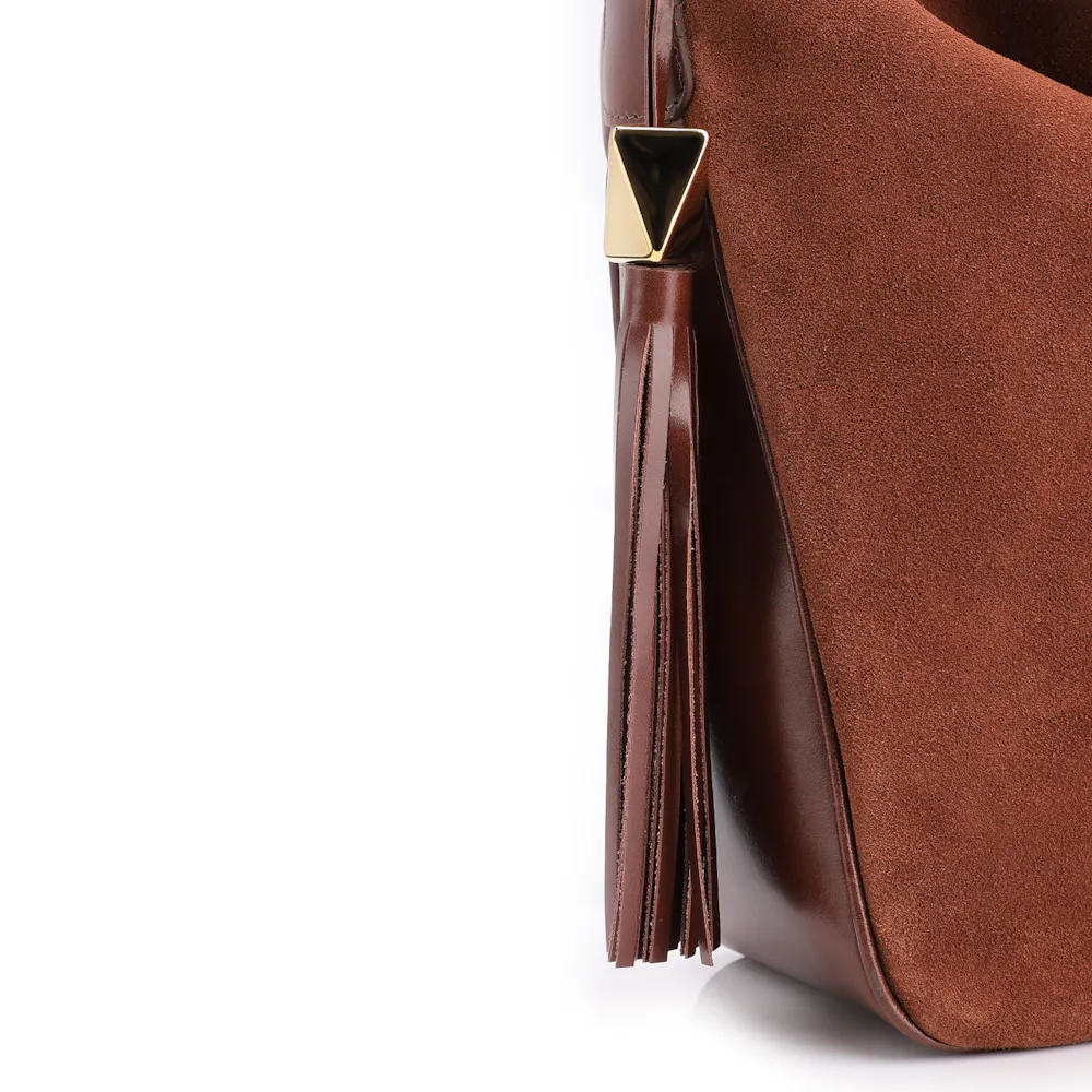Bolsa Hobo Couro Camurça/Couro Marrom Escuro - imagem 7