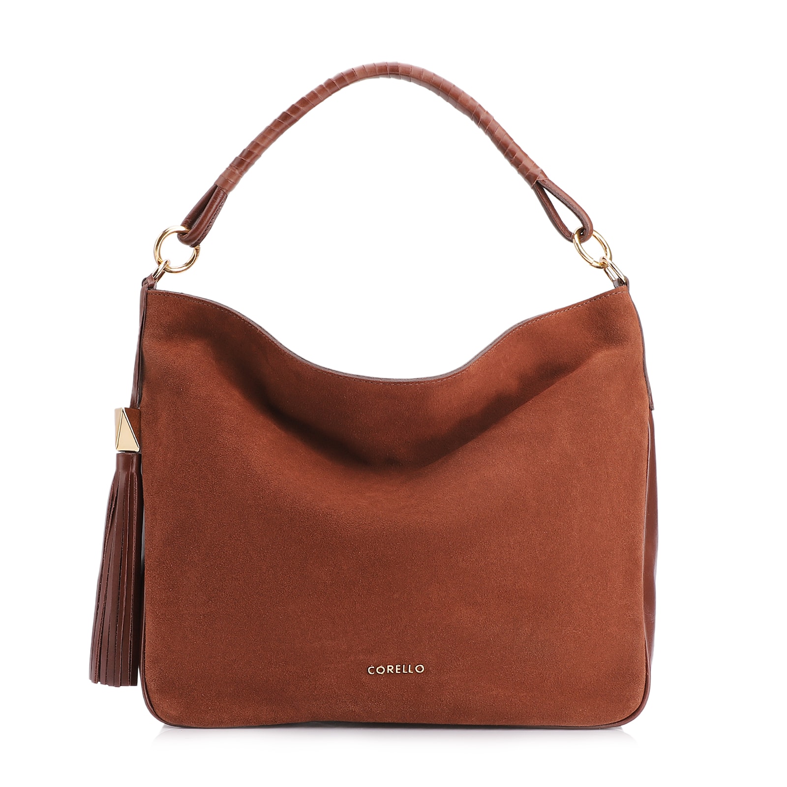 Bolsa Hobo Couro Camurça/Couro Marrom Escuro