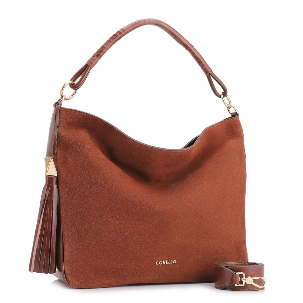 Bolsa Hobo Couro Camurça/Couro Marrom Escuro - imagem 2
