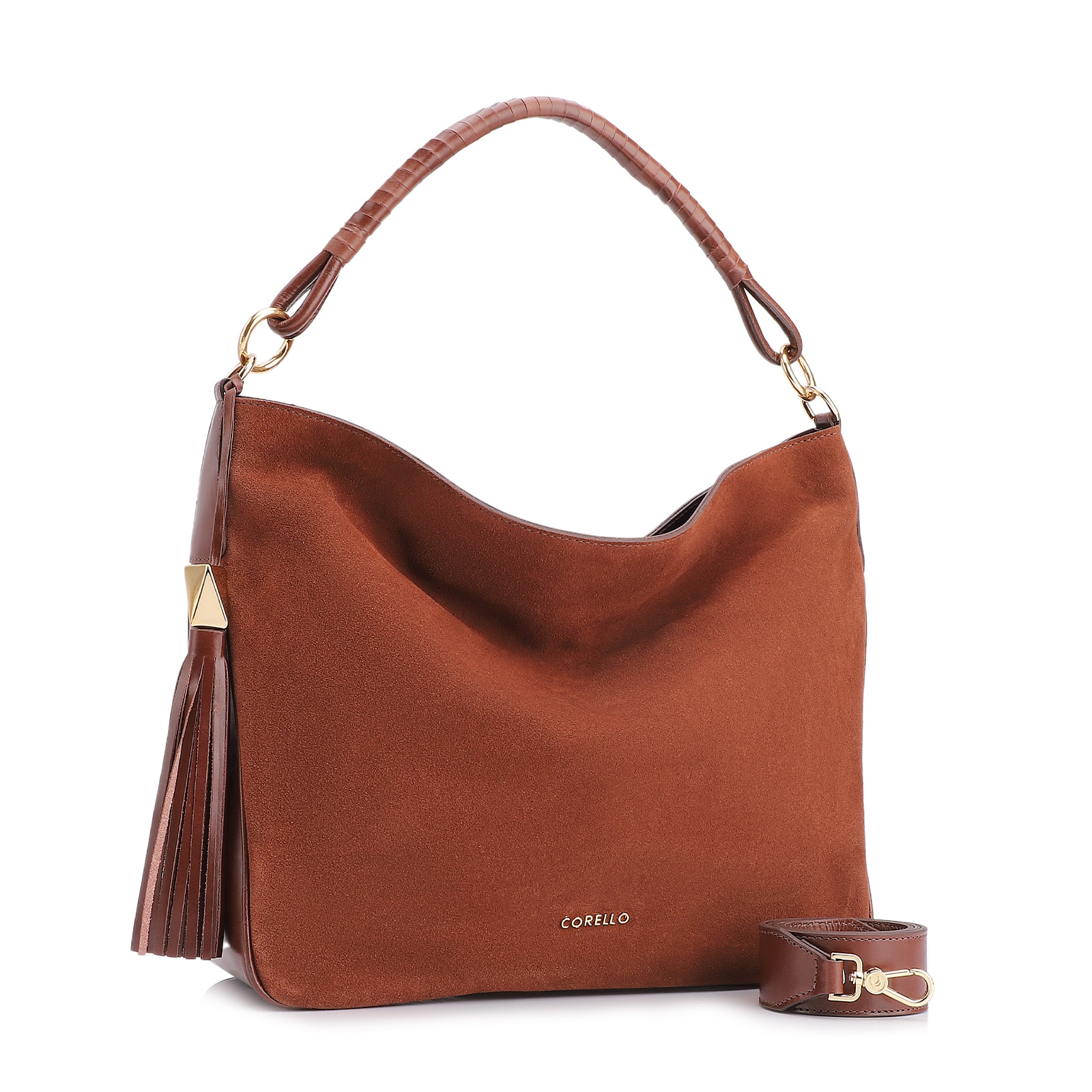 Bolsa Hobo Couro Camurça/Couro Marrom Escuro