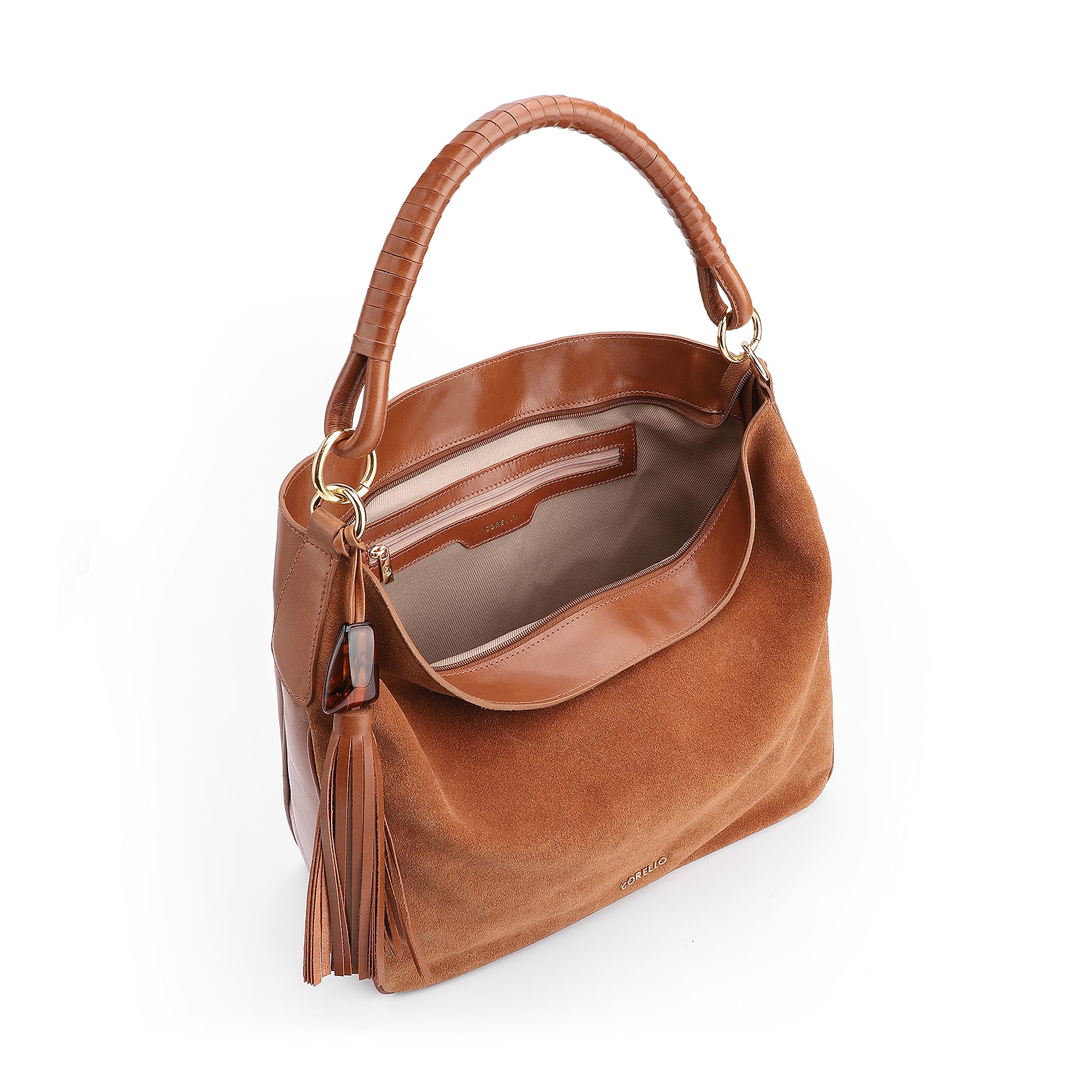 Bolsa Hobo Couro Camurça Marrom/Couro Marrom