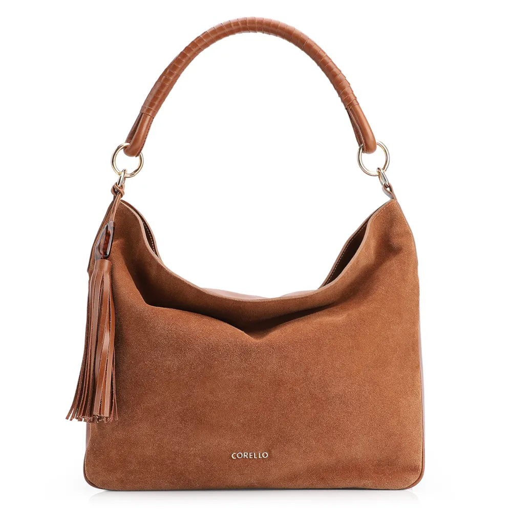 Bolsa Hobo Couro Camurça Marrom/Couro Marrom