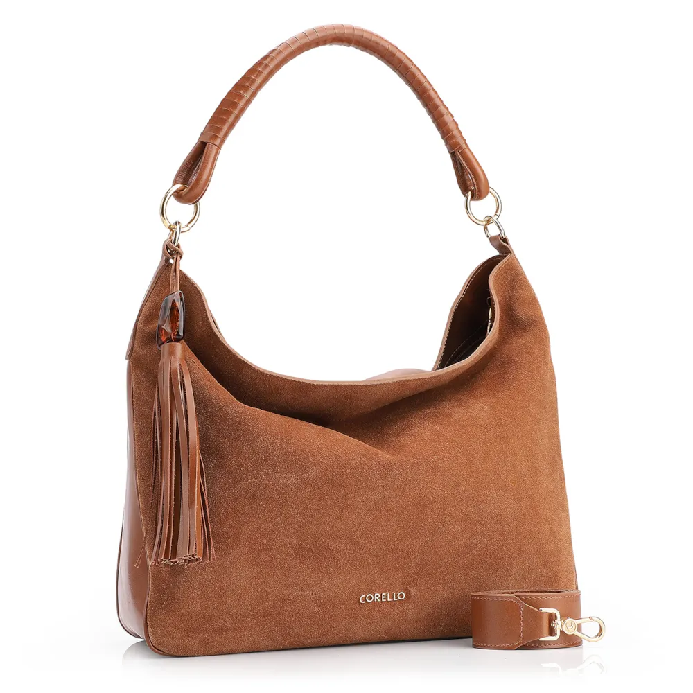 Bolsa Hobo Couro Camurça Marrom/Couro Marrom - imagem 2