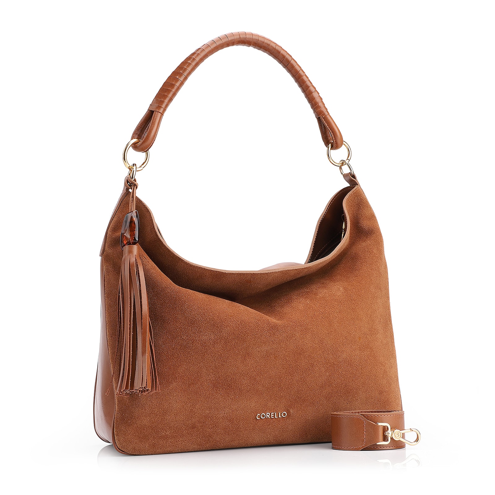 Bolsa Hobo Couro Camurça Marrom/Couro Marrom
