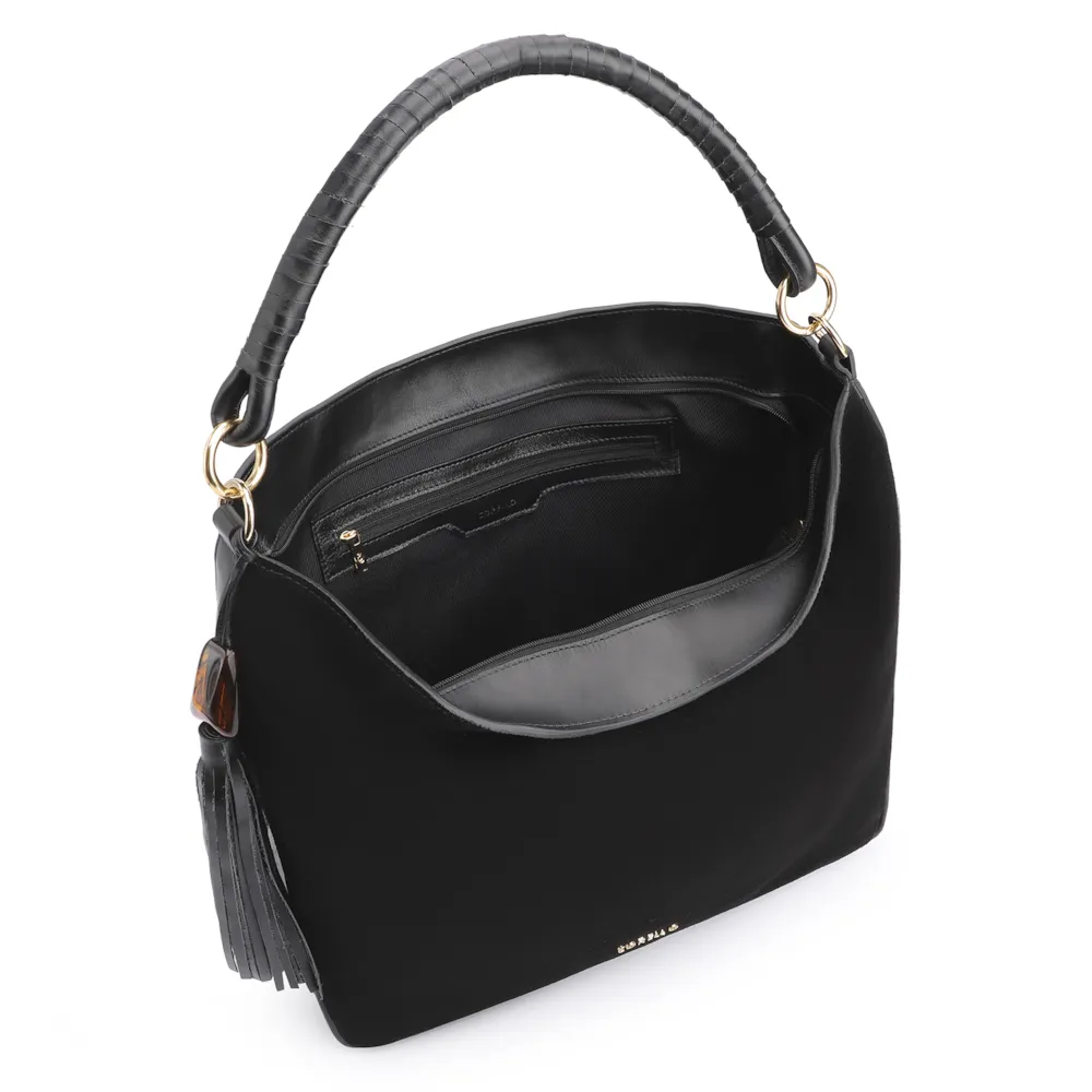 Bolsa Hobo Couro Camurça Preto/Couro Preto - imagem 4